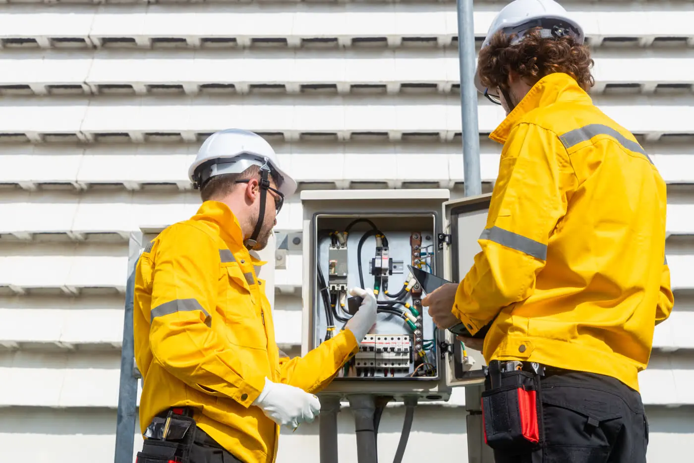 Electricians inspecting electrical equipment
